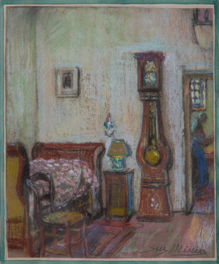 Suzanne MINIER (née en 1884). - Intérieur à l'horloge comtoise - Pastel sur pap…
