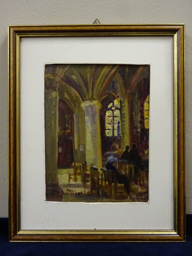 Suzanne MINIER (née en 1884). - Intérieur d'église gothique animé - Huile sur c…