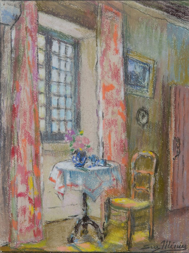 Suzanne MINIER (née en 1884). - La table fleurie - Pastel sur papier, signé en…