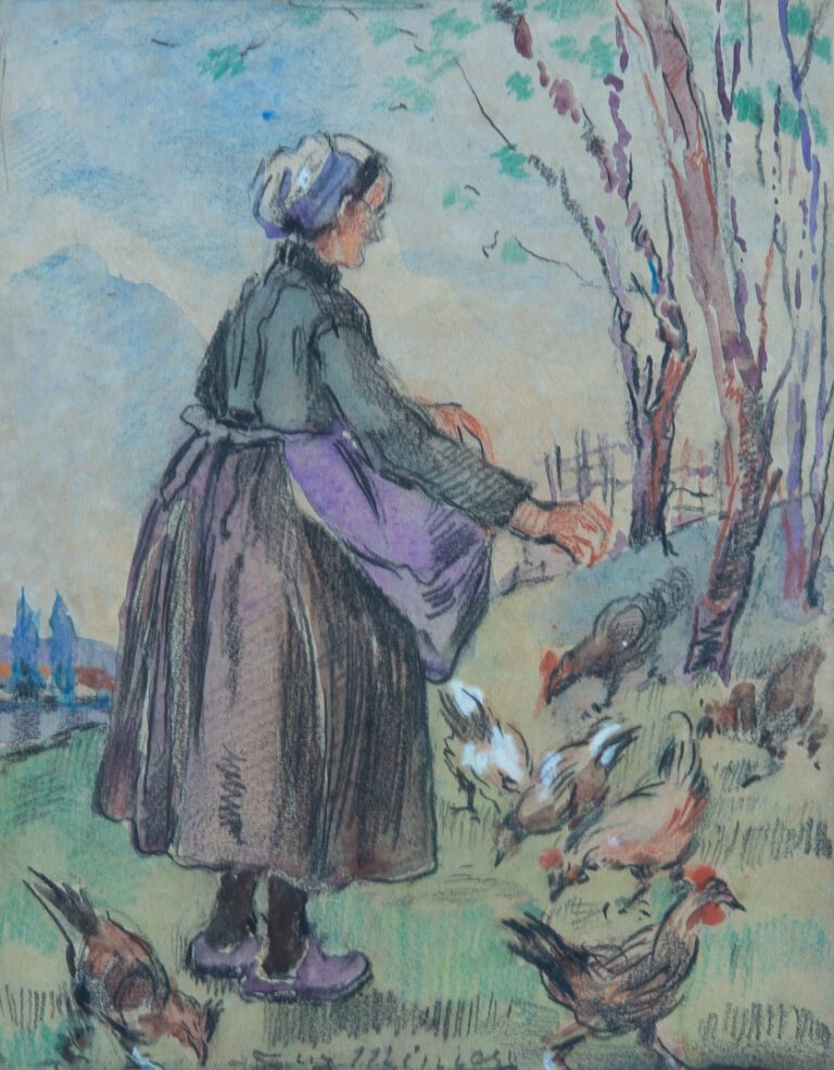 Suzanne MINIER (née en 1884). - Le repas des poules - Pastel sur papier, signé…