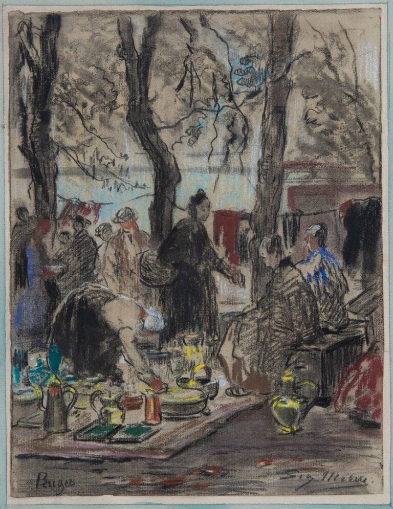 Suzanne MINIER (née en 1884). - Marché aux Puces à Bruges - Dessin au fusain et…
