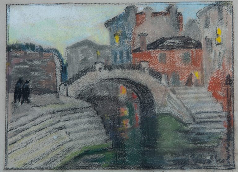 Suzanne MINIER (née en 1884). - Pont sur un canal à Venise - Pastel sur papier,…