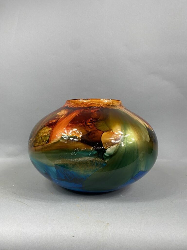 Sylvie MONTAGNON (1965) - Important vase boule en verre peint multicouche - Sig…