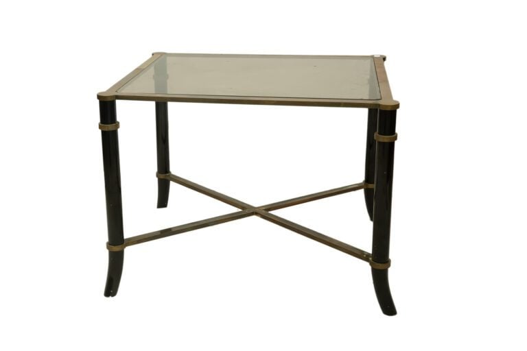 Table basse en métal laqué noir, entretoise en X, plateau de verre - 52 x 70 x…