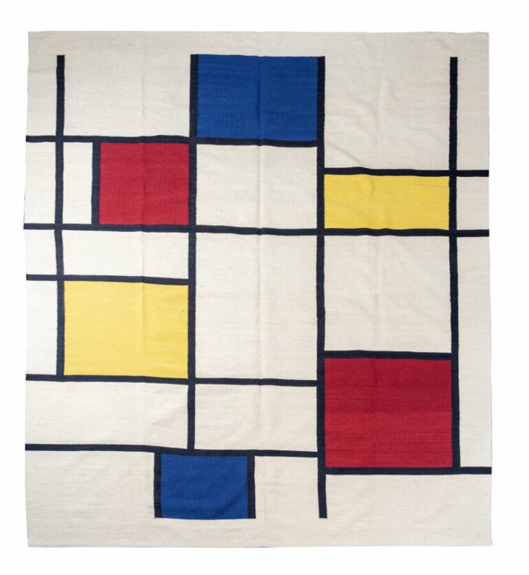 Tapis kilim en laine - A décor inspiré de Piet Mondrian à motifs géométriques n…
