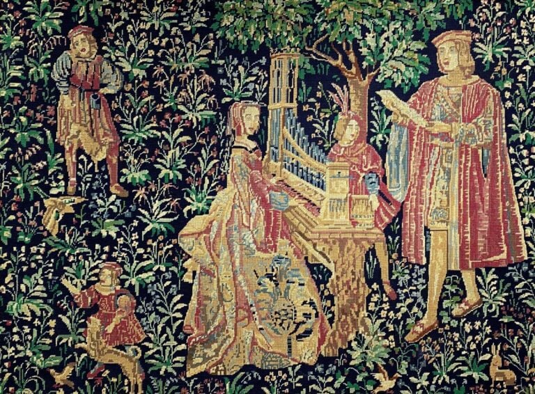 Tapisserie à décor d'une scène animée de musiciens dans le style médiéval - Tra…