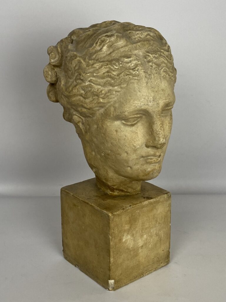 Tête de femme sculptée en plâtre patiné dans le goût de l'antique - H. : 45 cm…