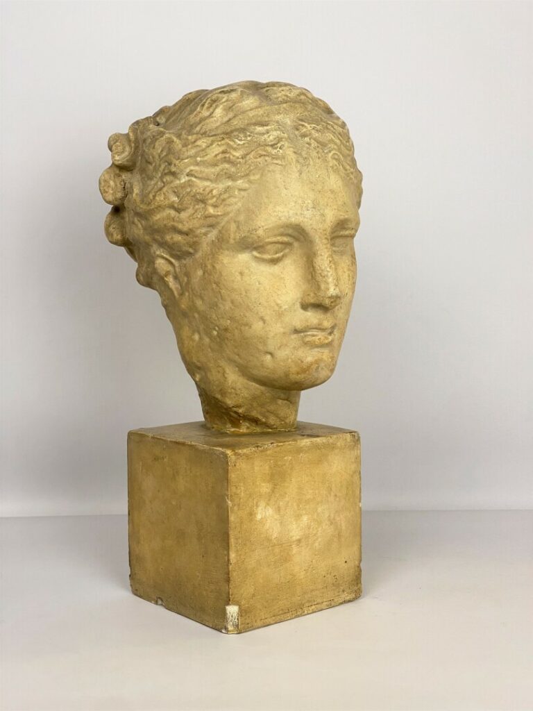Tête de femme sculptée en plâtre patiné dans le goût de l'antique - H. : 45 cm…