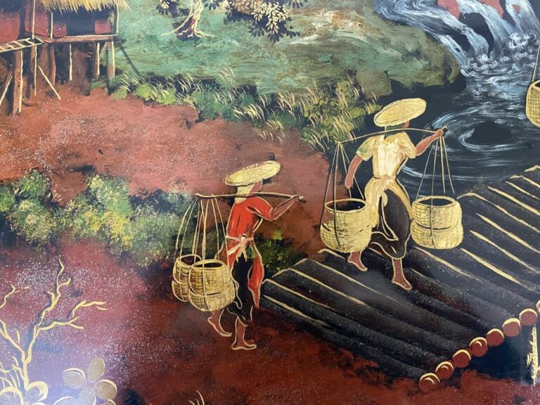 THANH LAP (XXe siècle) - Scène paysanne dans le Tonkin - Panneau laqué, signé e…