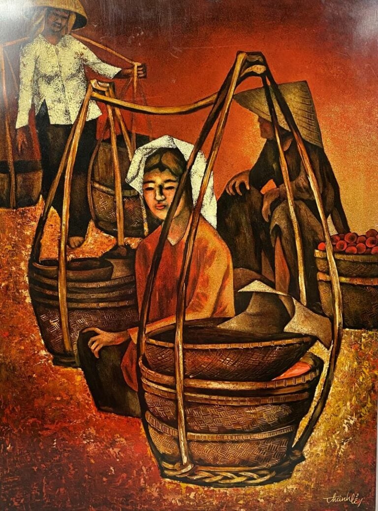 THANH LE - Femmes au marché - Panneau laqué - Signé en bas à droite - 60 x 80 c…