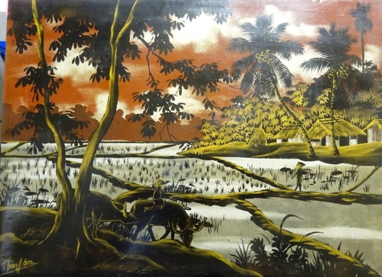 [-] THANH SON (?) - Vietnam - Bouvier sur les berges - Panneau de bois laqué -…