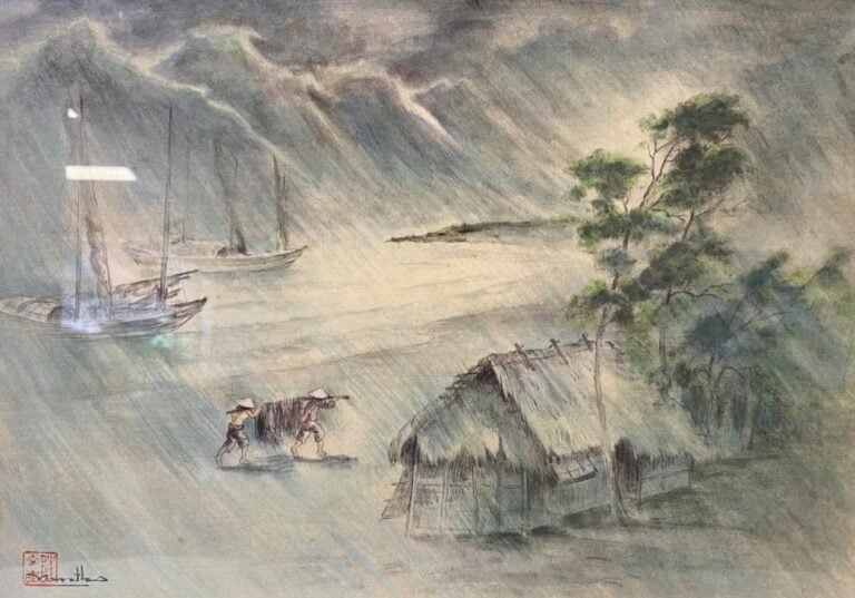 TRAN VAN THO - Paysans dans la bourrasque - Encre et couleur sur soie (?) - Cac…