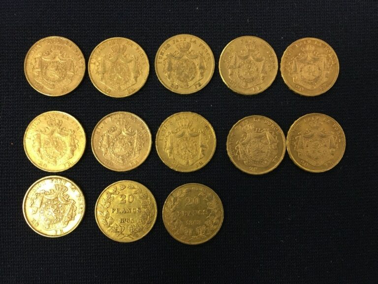 Treize pièces de 20 francs belges or.