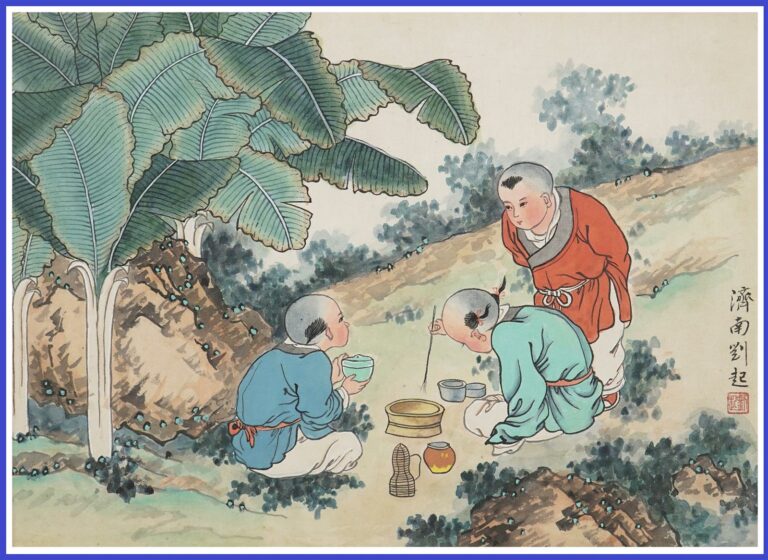 Trois petits garçons jouant avec des criquets - Encre et couleurs sur soie; Ins…