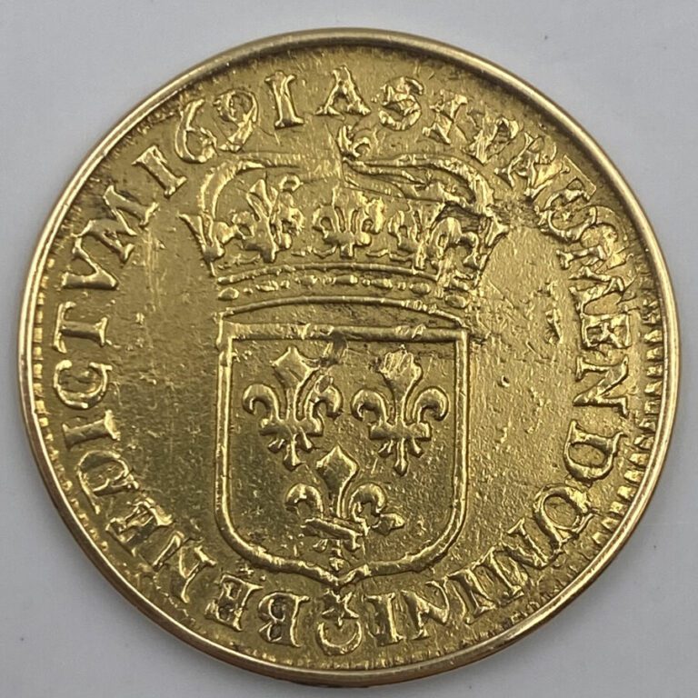 Un Louis d'or Louis XIV à l'écu - 1691 A, anciennement monté - TB - Poids : 7.2…