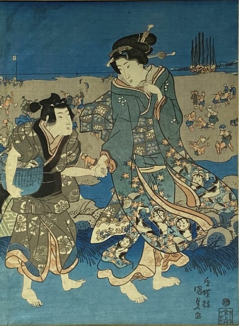 Utagawa Kunisada (1786-1865): - Triptyque oban tate-e, jeunes femmes se promena…