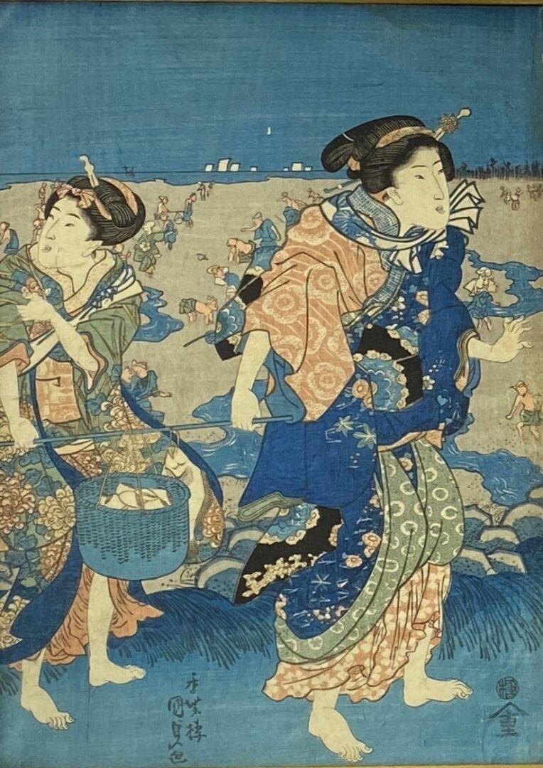 Utagawa Kunisada (1786-1865): - Triptyque oban tate-e, jeunes femmes se promena…