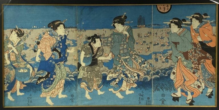 Utagawa Kunisada (1786-1865): - Triptyque oban tate-e, jeunes femmes se promena…