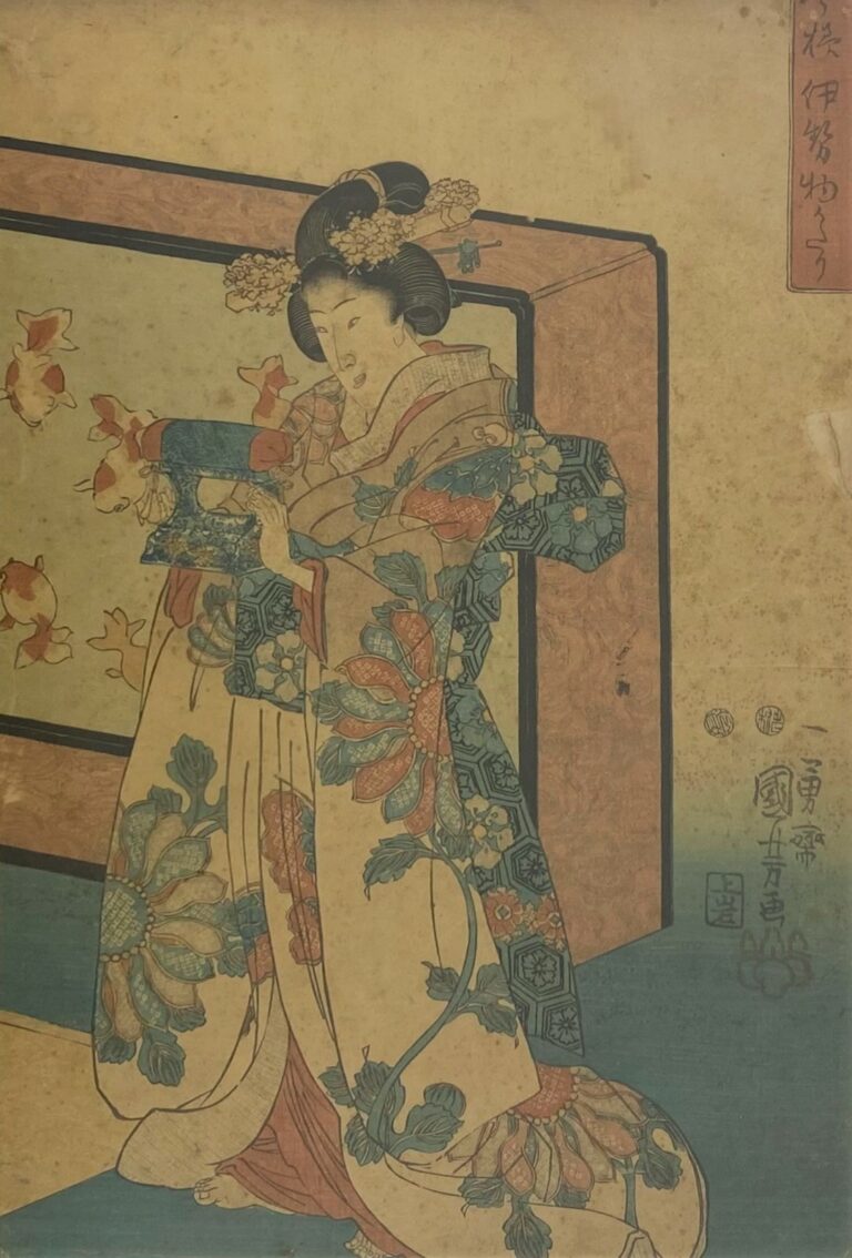 Utagawa Kuniyoshi (1797-1861): - Oban tate-e, bijin debout devant un paravent t…