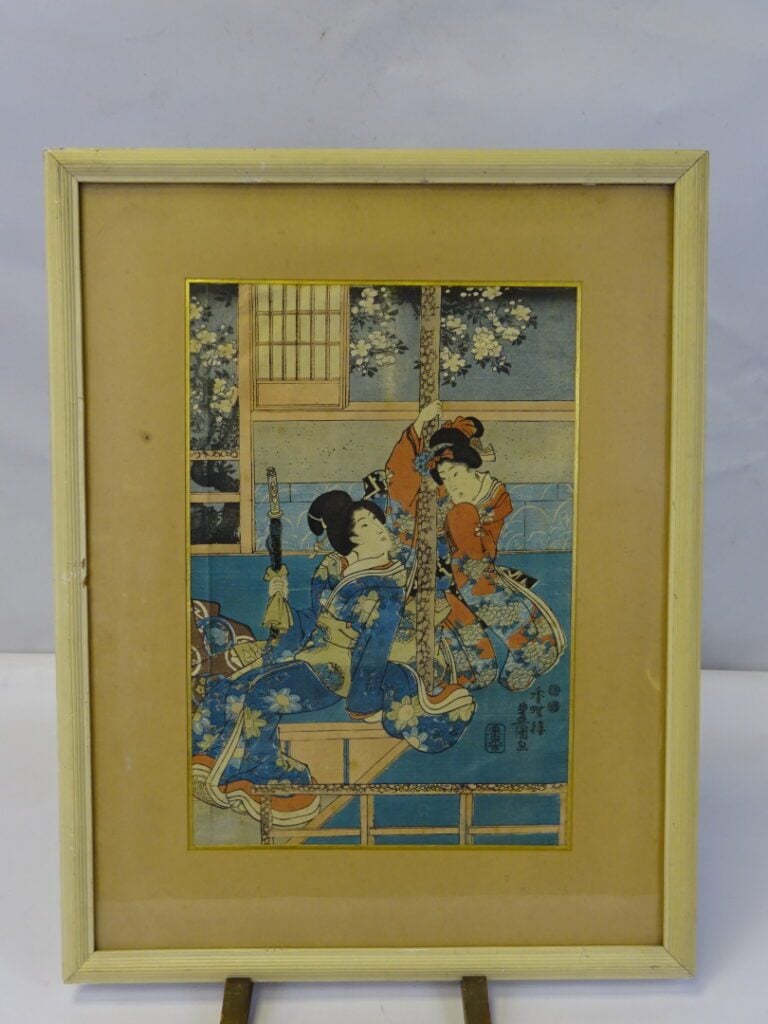 UTAGAWA TOYOKUNI III (1785-1865) - Oban tate-e; partie de triptyque, deux geish…