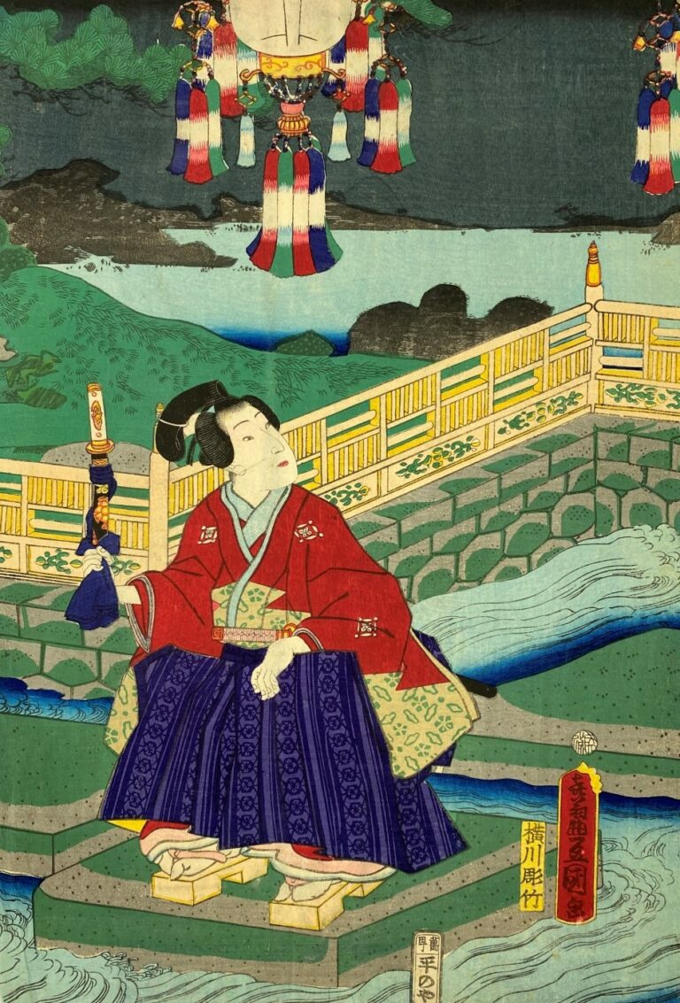 Utagawa Toyokuni III (1786-1865): - Oban tate-e, partie de triptyque, samouraï…