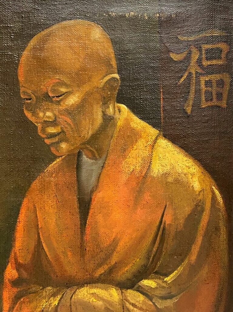 VIETNAM - Moine en prière - Huile sur toile - 61 x 50 cm - (frottement dans la…