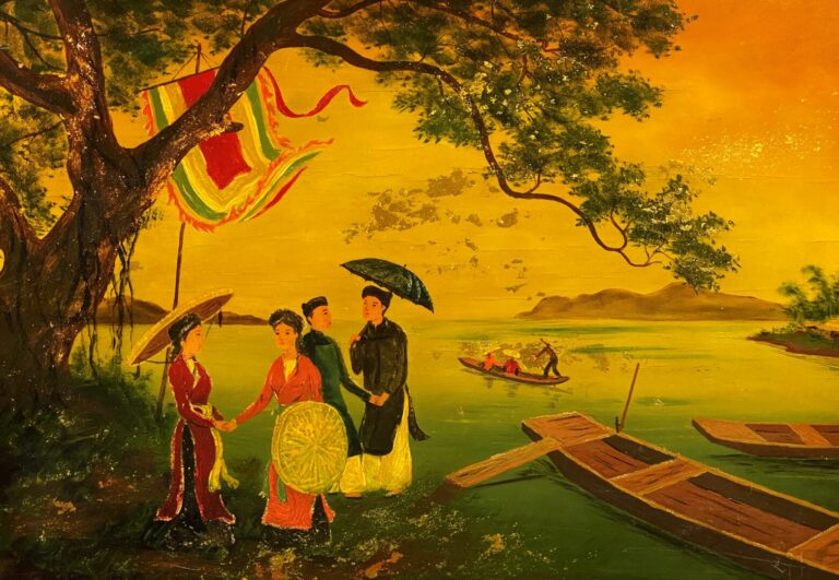VIETNAM, XXe - Panneau en bois laqué à décor de femmes aux ombrelles près des b…