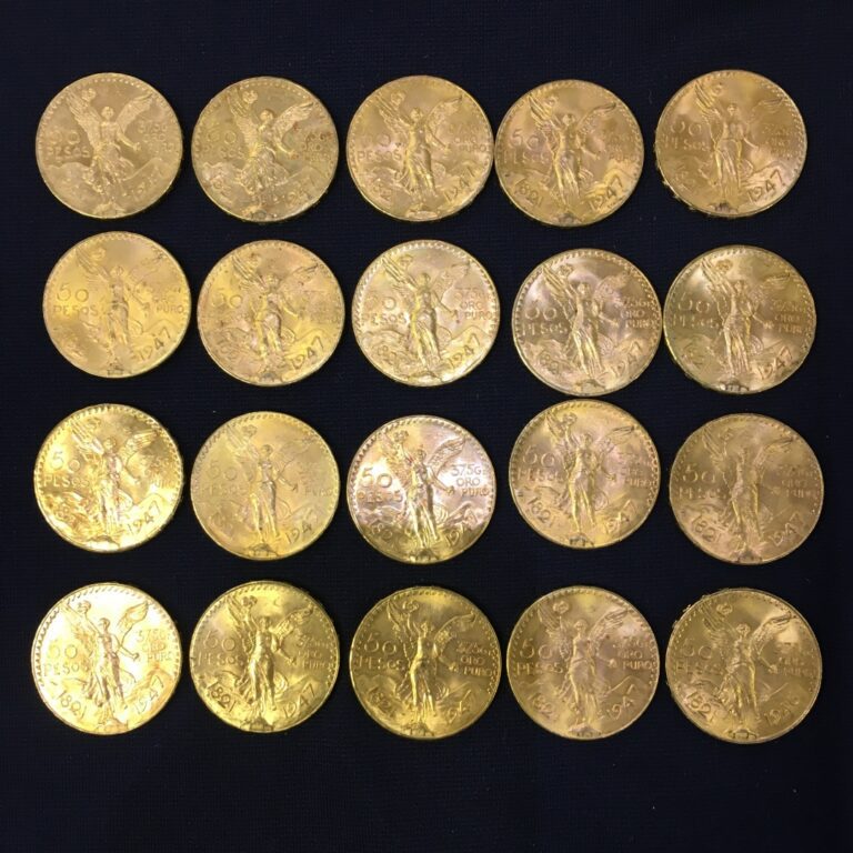 Vingt pièces de 50 pesos or (dix-neuf pièces de 1947, une pièce de 1946).