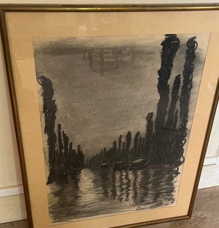 WALTER - Canal - Fusain sur papier, signé en bas à gauche - 60 x 44 cm