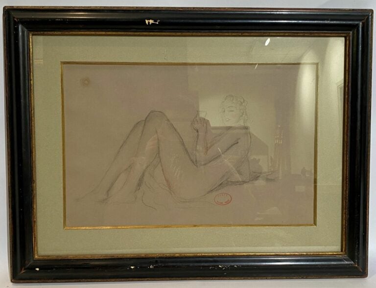 William ABLETT (1877-1936) - Femme allongée tenant un verre à la main - Fusain…