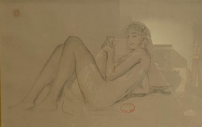 William ABLETT (1877-1936) - Femme allongée tenant un verre à la main - Fusain…