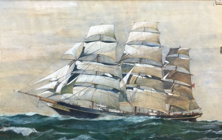 William DESBOROUGH (1855-1945). - Le trois-mâts "Titania" - Dessin à l'aquarell…
