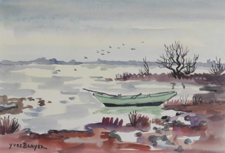 Yves BRAYER (1907-1990) - La barque verte en Camargue - Aquarelle, signée en ba…