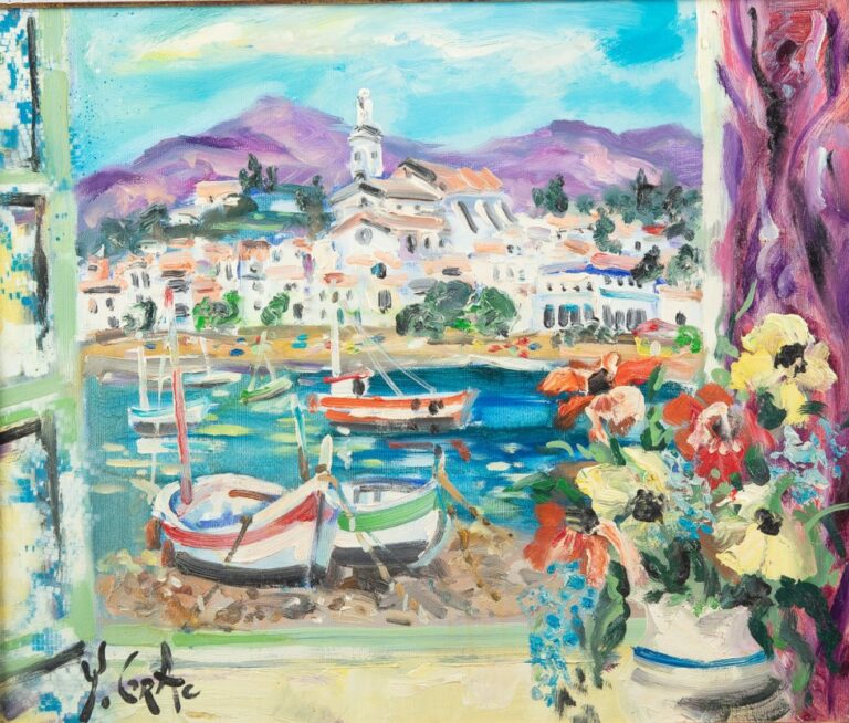 Yvon GRAC (né en 1945) - Intérieur aux fleurs dans le port de Cadaquès - Huile…
