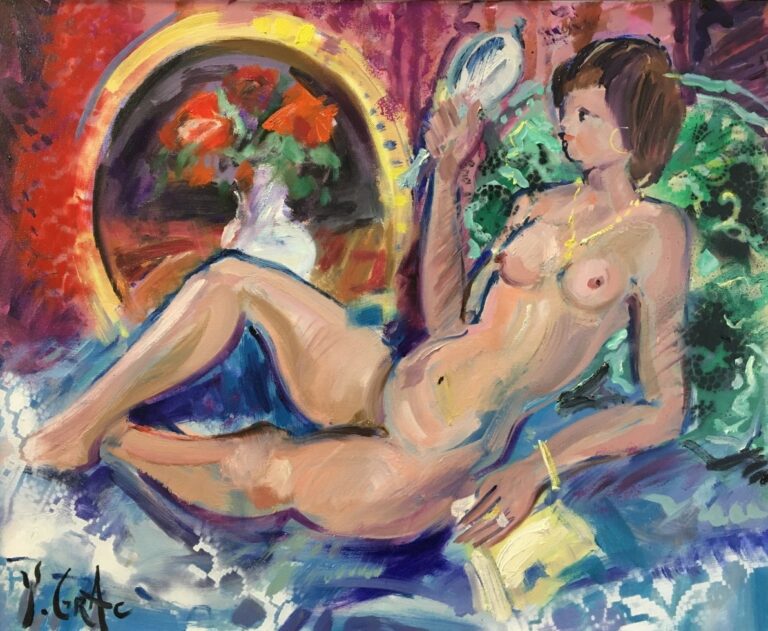 Yvon GRAC (né en 1945). - Jacqueline au miroir - Huile sur toile, signée en bas…