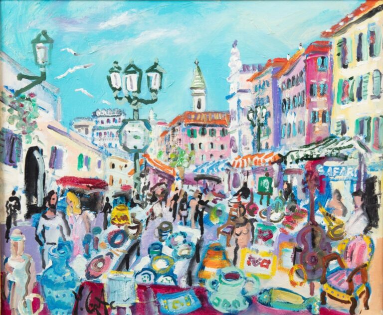 Yvon GRAC (né en 1945). - Lundi , la brocante sur le Cours Saleya à Nice - Huil…