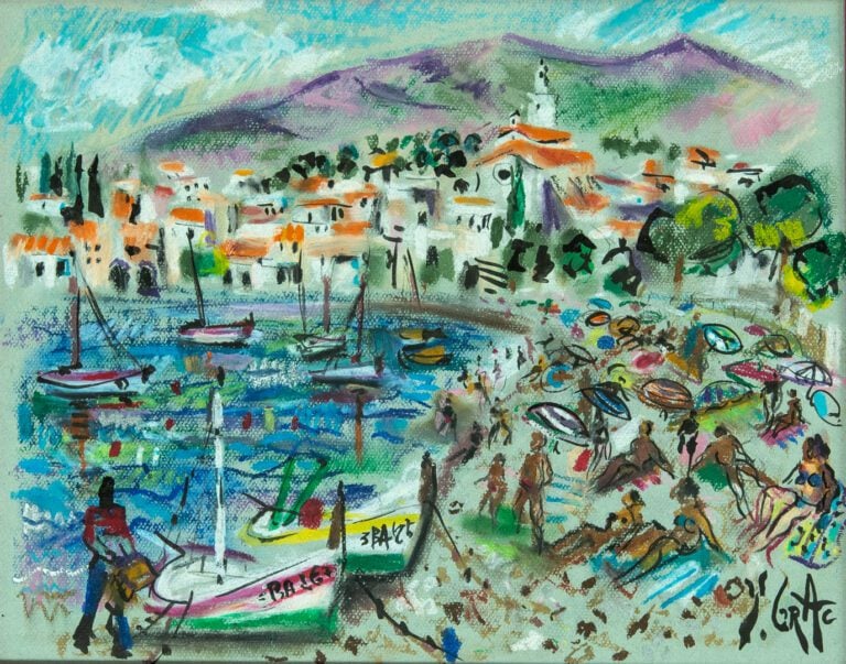 Yvon GRAC (né en 1945). - Plage de Cadaquès - Pastel sur papier, signé en bas à…