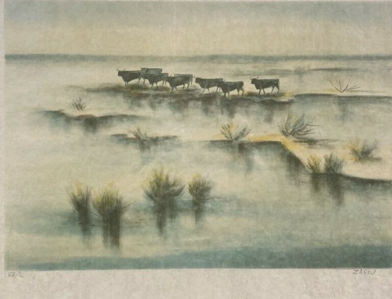 ZAROU (1930-2013) - Taureaux en Camargue - Lithographie sur papier japon signée…