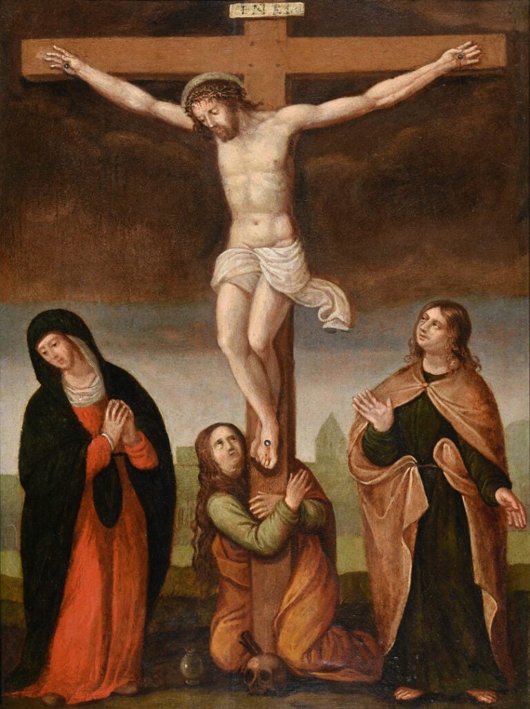 Ecole flamande vers 1600 - Christ en croix avec Marie-Madeleine et Saint-Jean -…