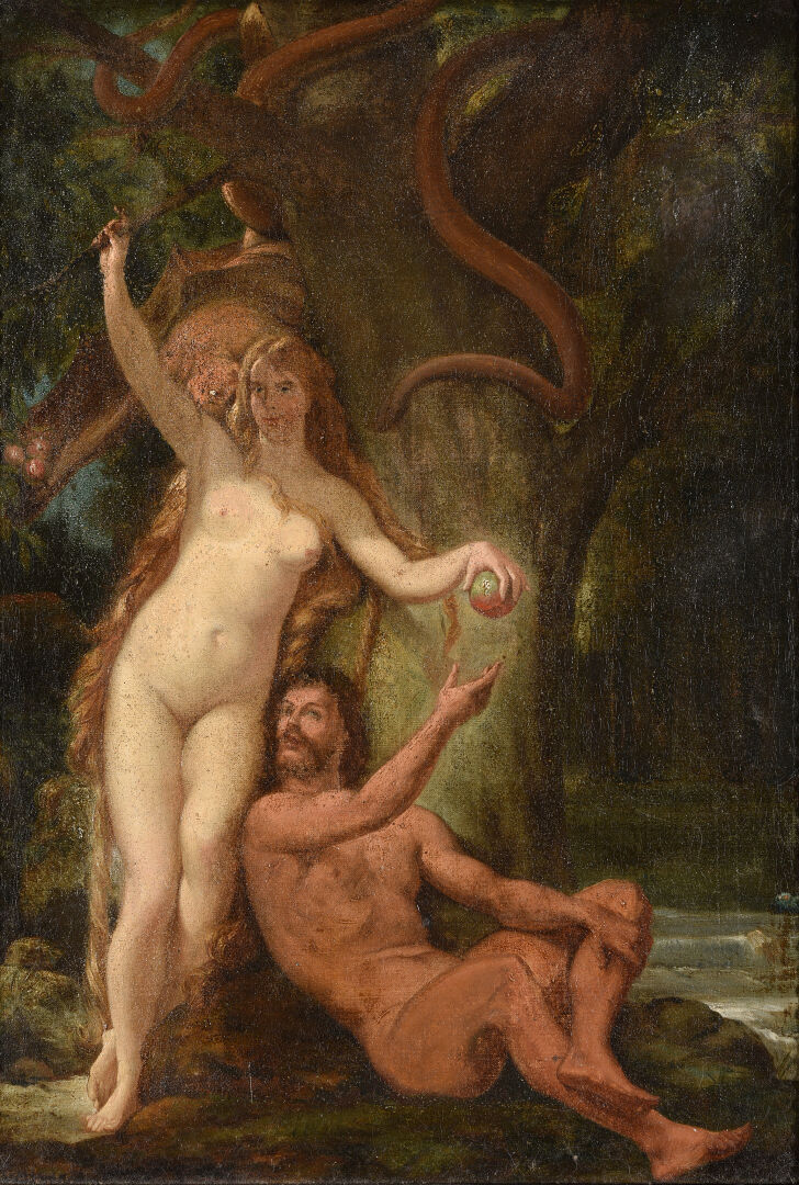 Ecole du XIXe siècle - Adam et Eve - Huile sur toile - 37 x 26 cm