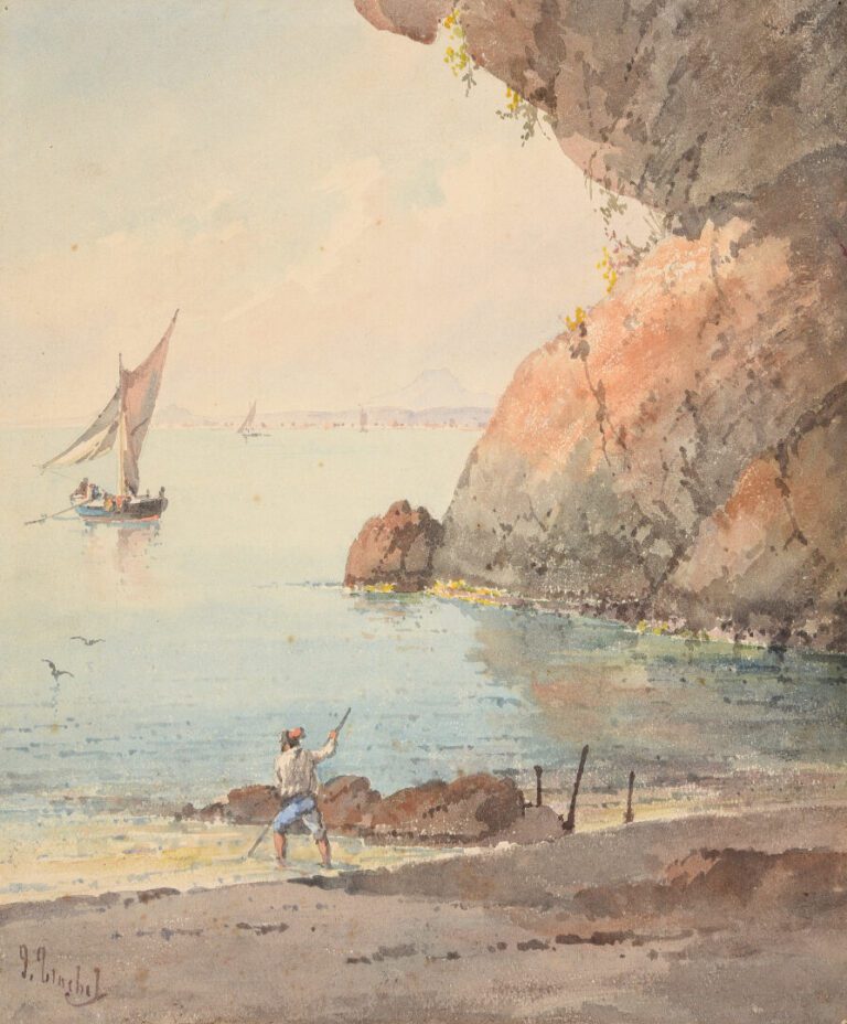 Ercole TRACHEL (1820-1872) - Pêcheur - Aquarelle sur papier - Signé en bas à ga…