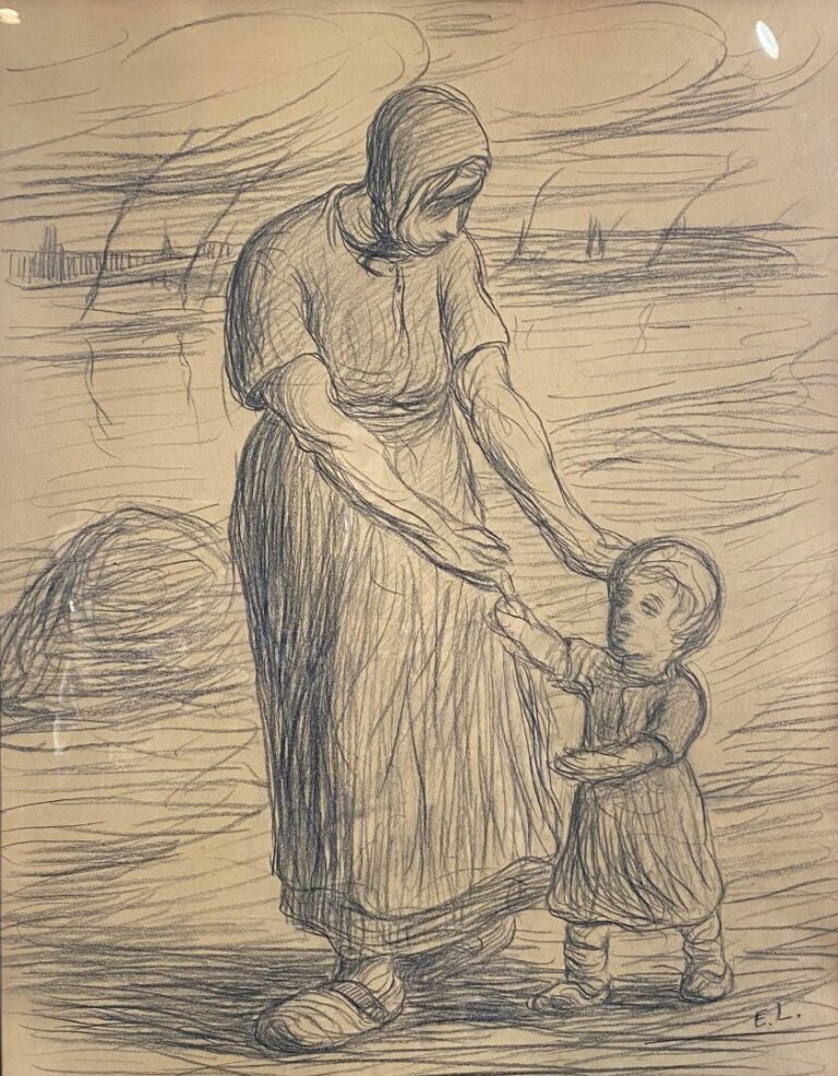 Eugène LAERMANS (1864-1940) - Mère et enfant - Fusain sur papier - Monogrammé E…