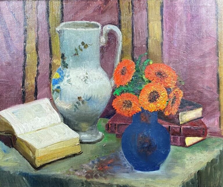 Ecole française du XXe siècle - Nature morte au pichet et aux livres - Huile su…