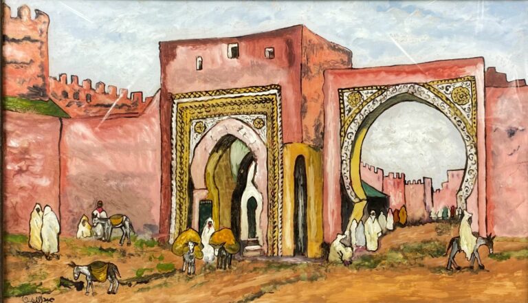 Ecole orientaliste du XXe siècle - Porte d'entrée de Médina - Peinture sous ver…