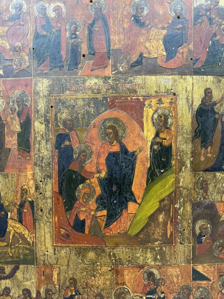 Icône des Fêtes de l'année liturgique, avec au centre la Résurrection du Christ…