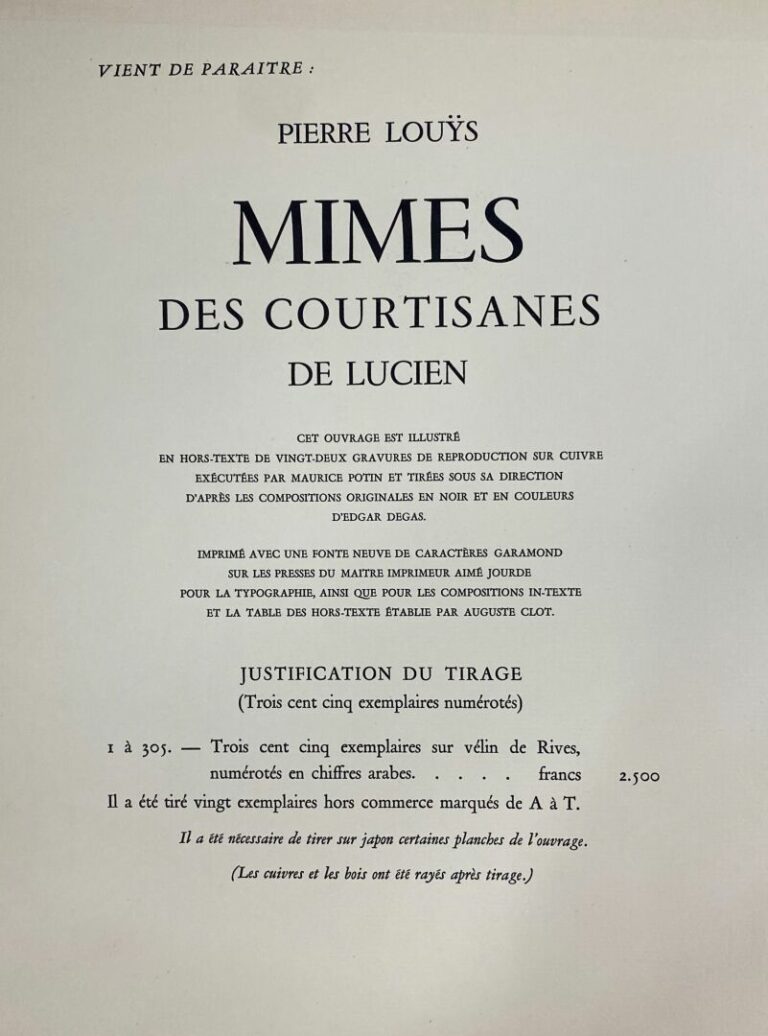 DEGAS (Edgar) & LOUYS (Pierre) - Mimes des courtisanes de Lucien - Paris, Ambro…
