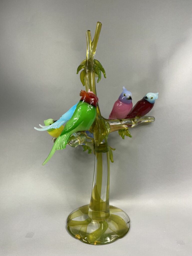 MURANO - Arbre en verre orné d'oiseaux exotiques branchés en verre polychrome -…