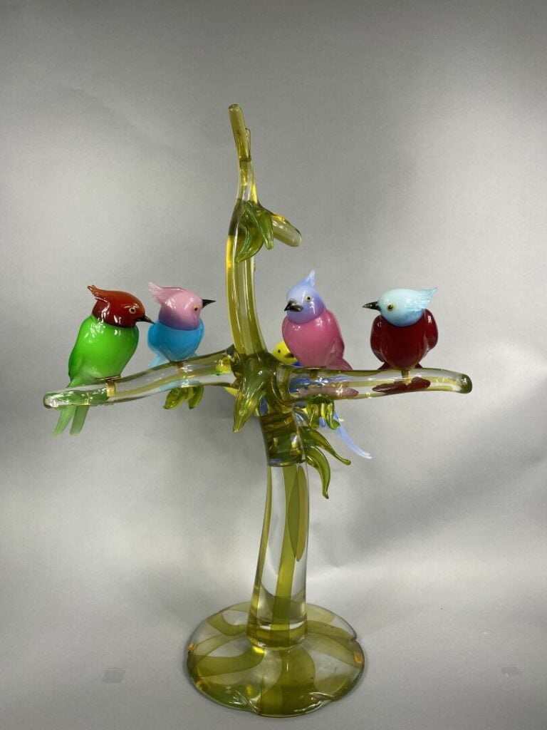 MURANO - Arbre en verre orné d'oiseaux exotiques branchés en verre polychrome -…