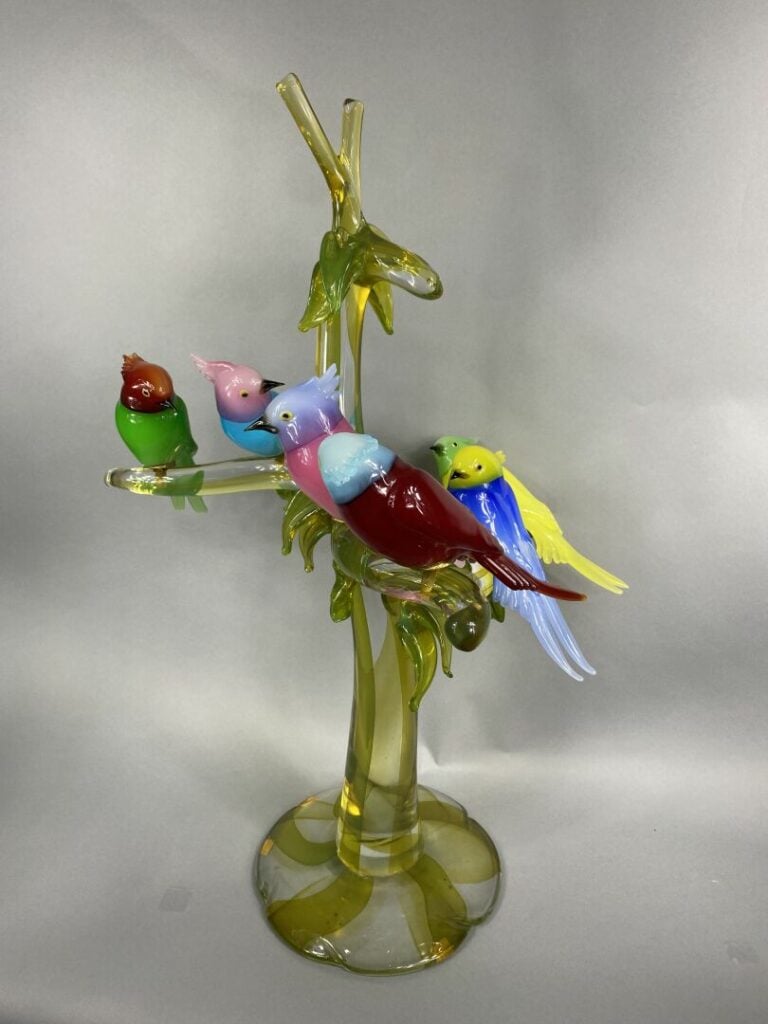 MURANO - Arbre en verre orné d'oiseaux exotiques branchés en verre polychrome -…