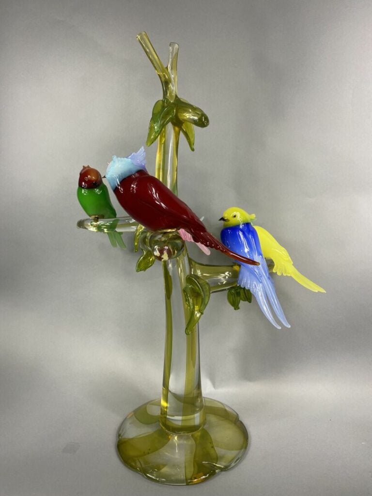 MURANO - Arbre en verre orné d'oiseaux exotiques branchés en verre polychrome -…